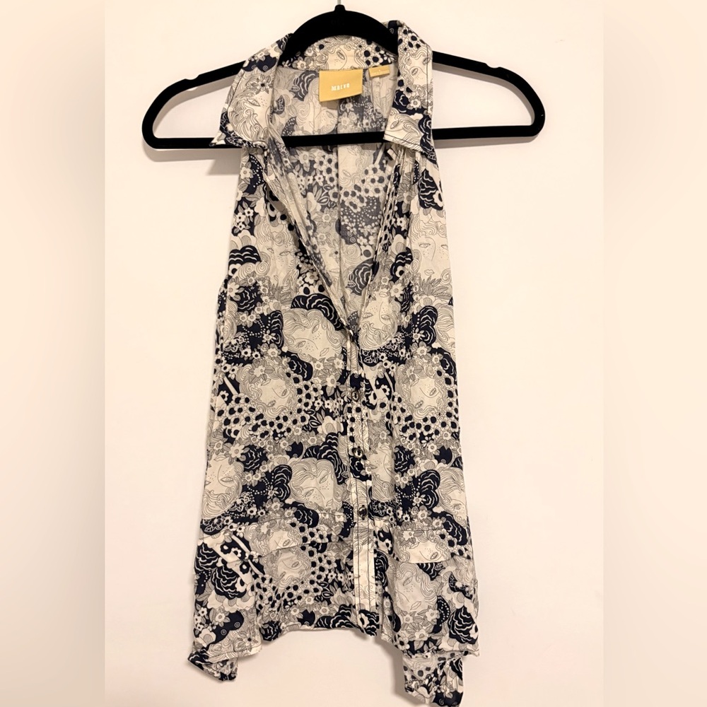 Maeve Navy and White Asymmetrical Button Down Shirt